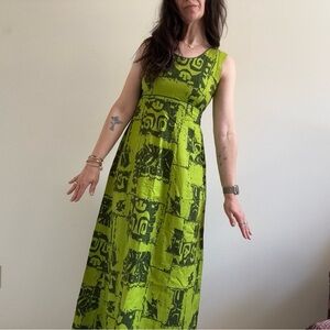 Vintage Rai Nani Hawaiian Maxi Dress Cotton Lime Green 10